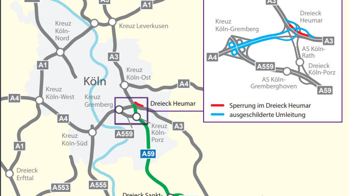 A3 будет закрыта для движения на пересечении Кёльн – Хюмар 10-13 мая и 31 мая-3 июня